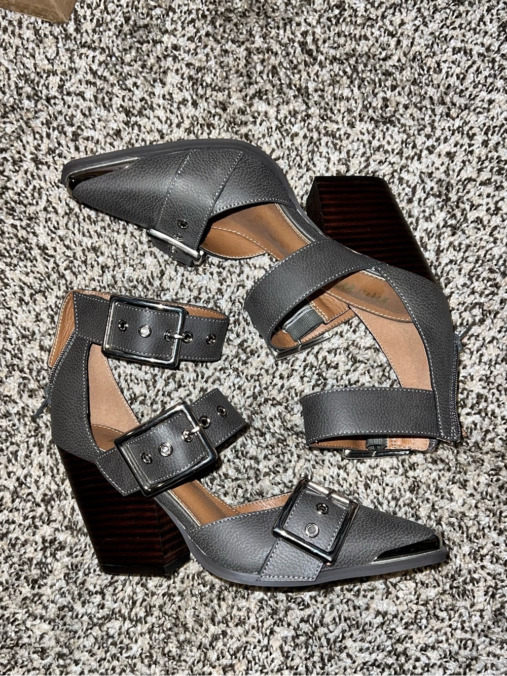 Mi.iM Gray Triple-Buckle Block Heel Sandals